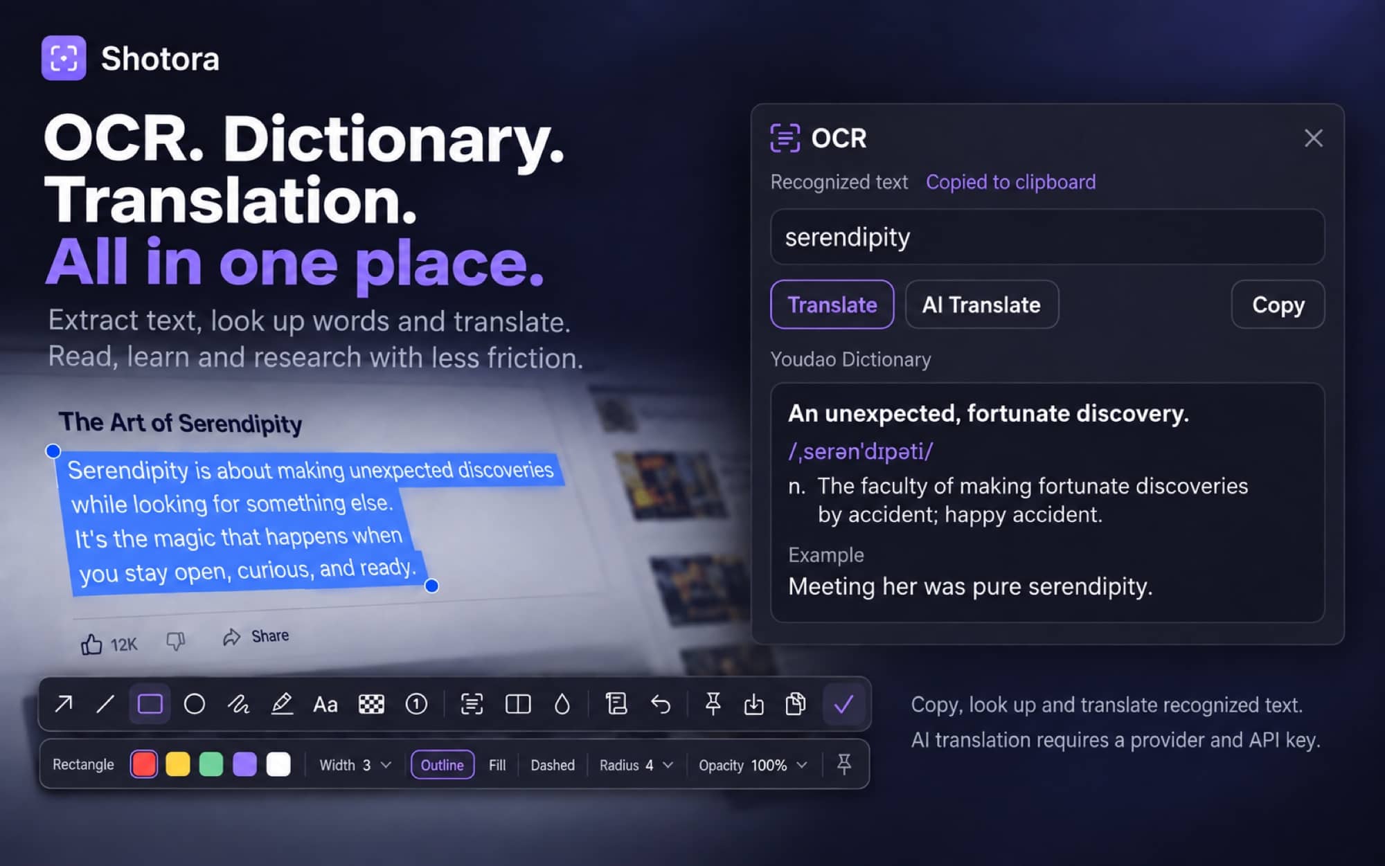 Shotora OCR text recognition, dictionary lookup and translation