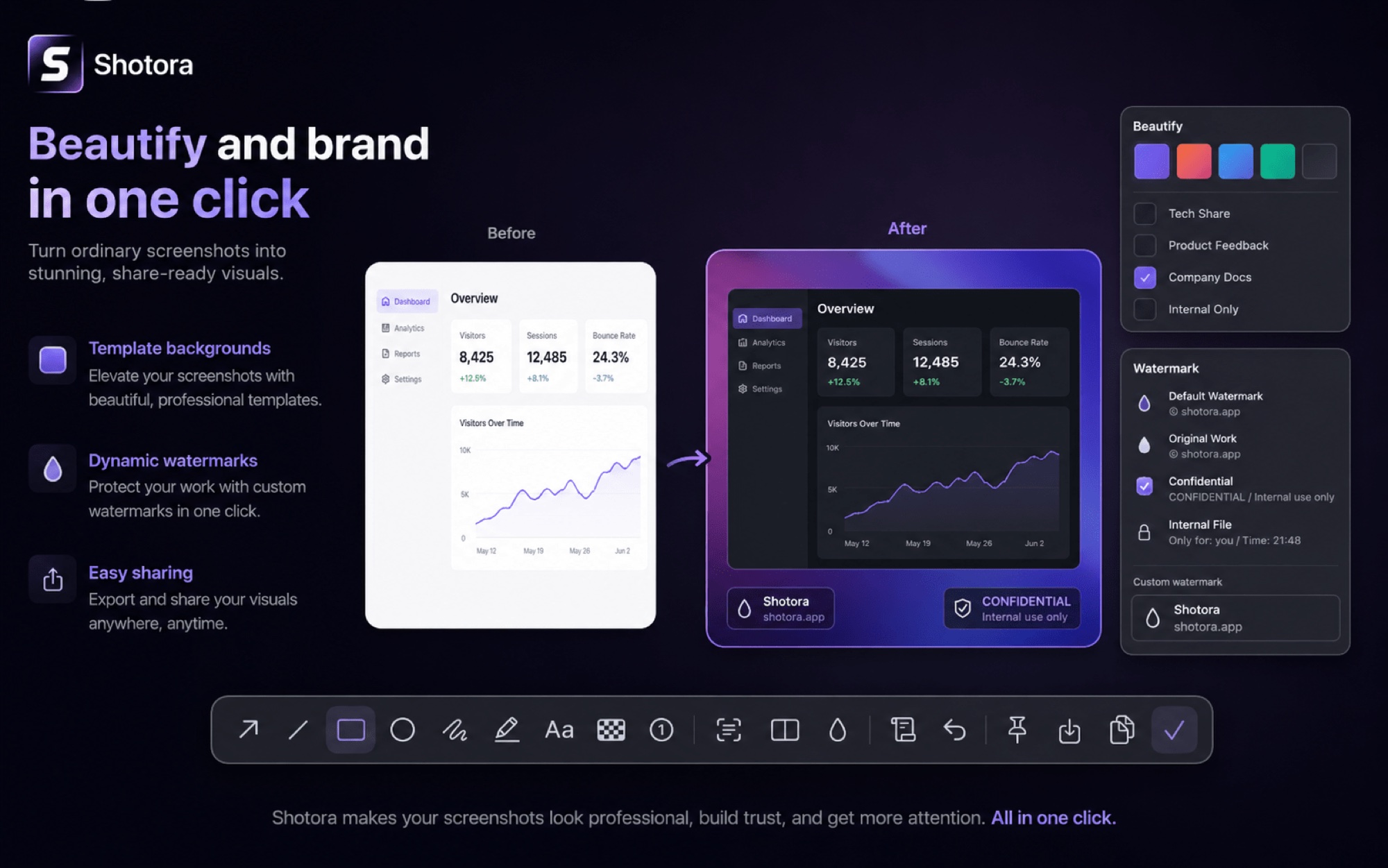 One-click screenshot beautify with backgrounds and watermark templates