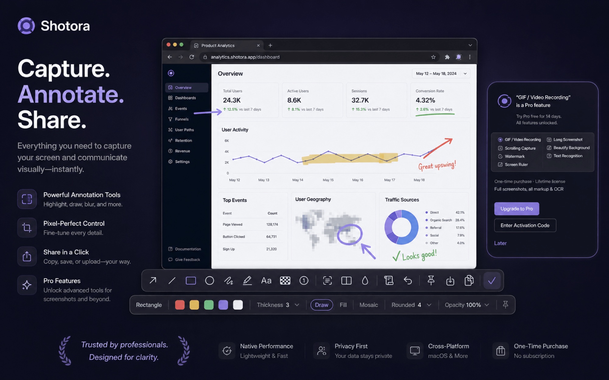 Shotora screenshot tool for Mac: smart capture, AI annotation and beautify