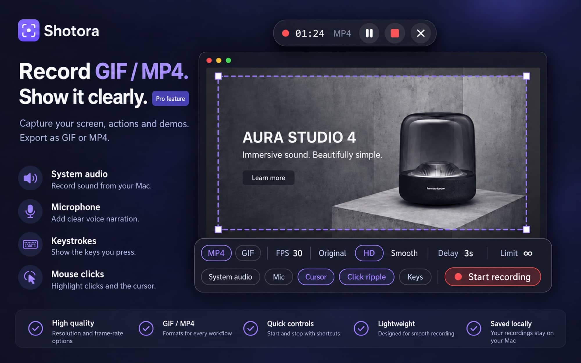 Shotora GIF and MP4 region recording with audio, cursor and keystroke controls