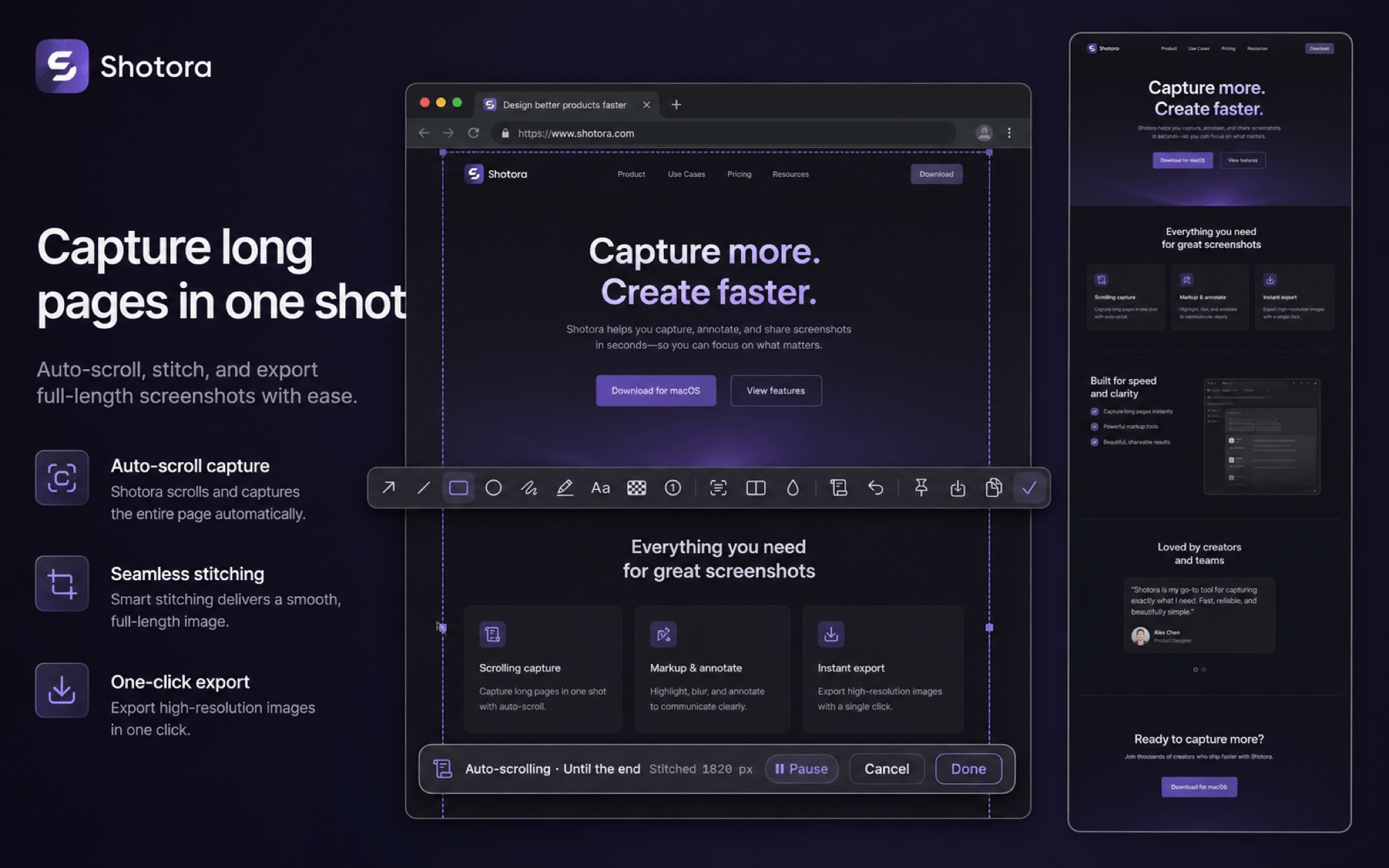 Scrolling screenshot on macOS: web pages and chats stitched automatically