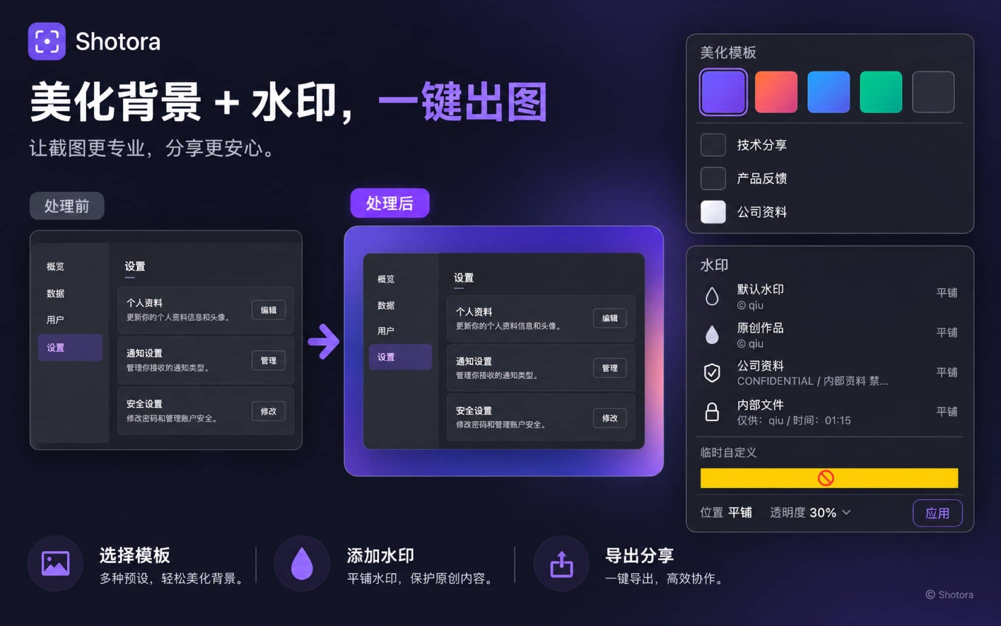 Shotora 截图美化前后对比、背景模板与水印功能