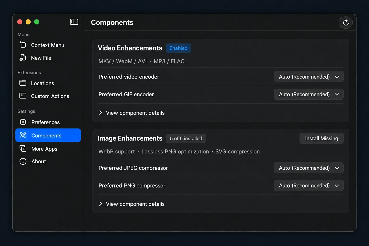 The Components page in Rightora: video and image enhancements grouped by capability, with preferred encoders