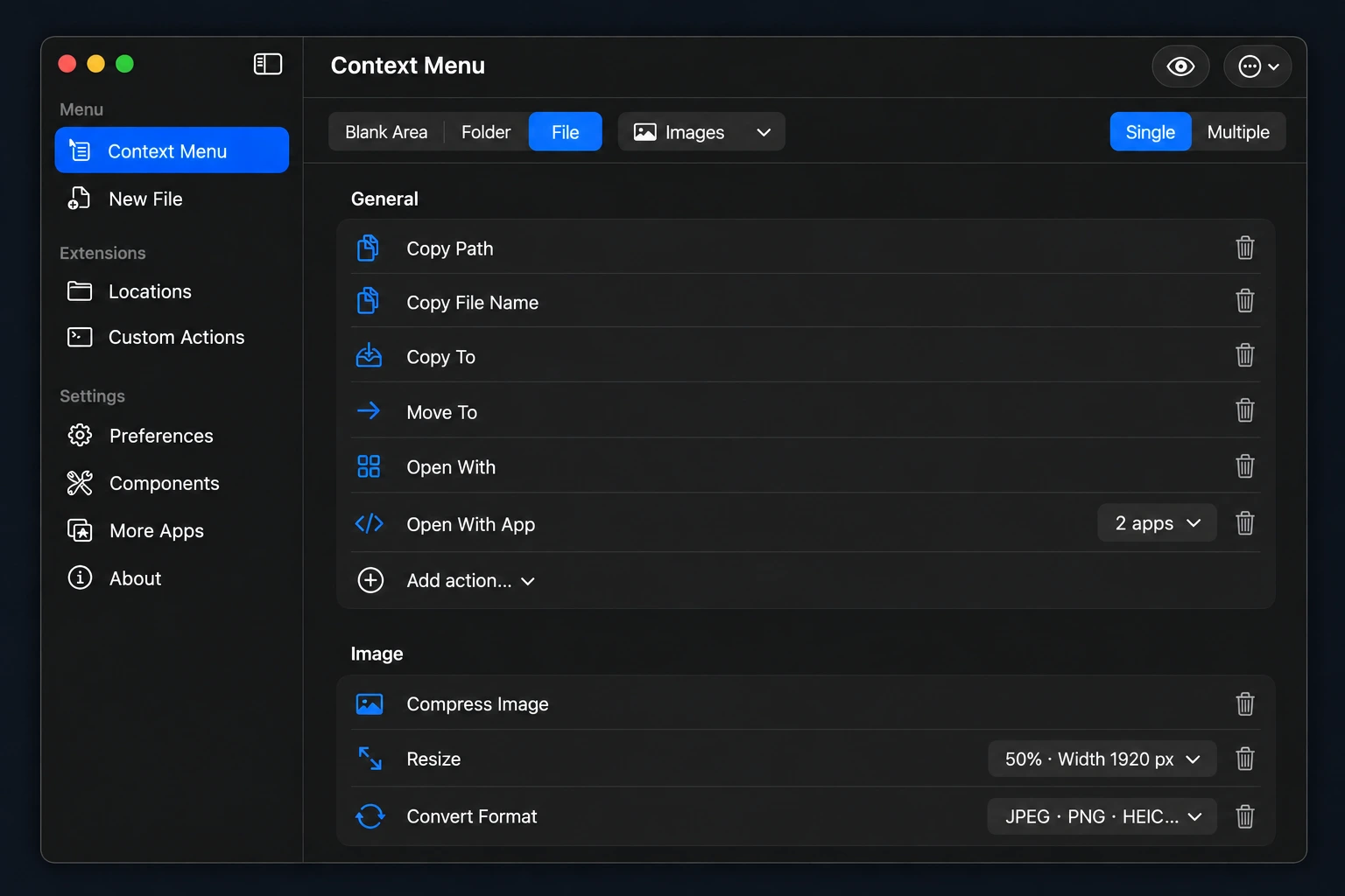 The Rightora menu editor: configure actions for blank areas, folders and files, then adjust their order and parameters