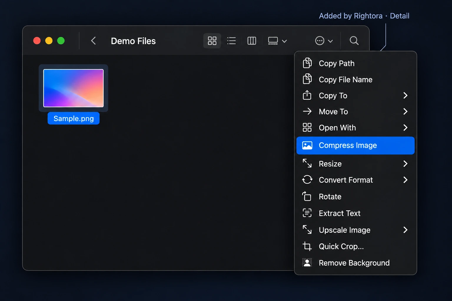 Actions added by Rightora in the Finder context menu: copy path, copy file name, copy to, move to, open with, compress image, resize, convert format, rotate, extract text, upscale image, quick crop and remove background