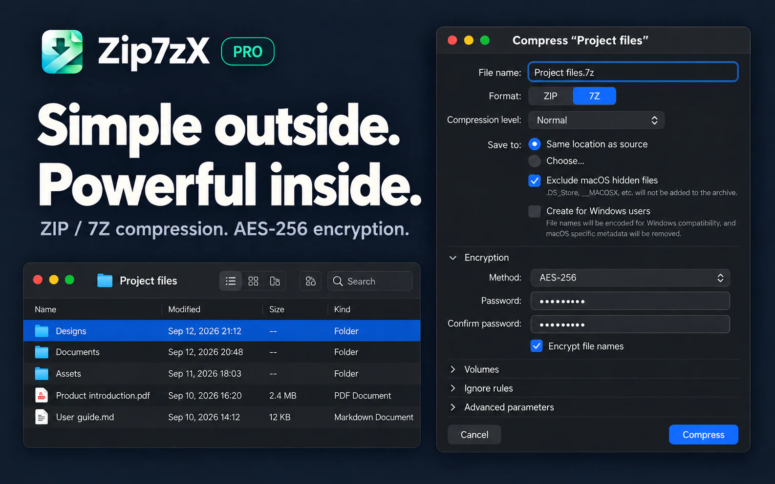 Zip7zX compression window with ZIP / 7Z and AES-256 encryption options